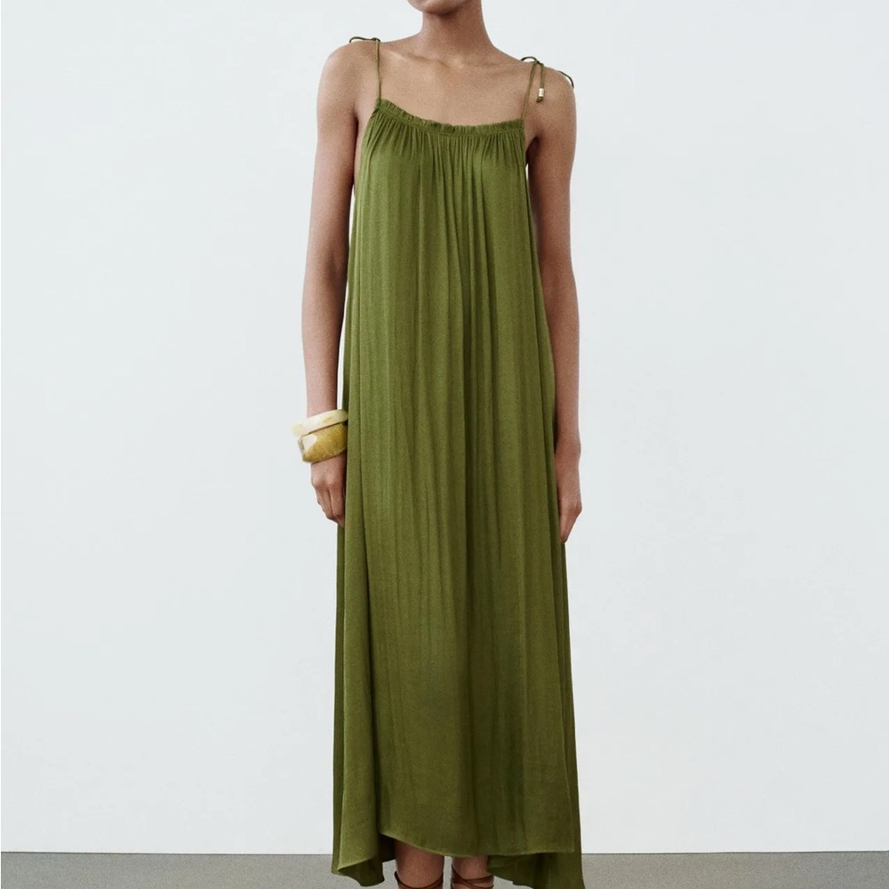 Zara Elegant Olive Green silky Maxi Dress XS